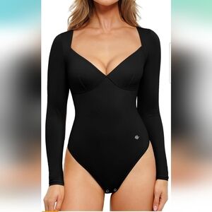 Popilush Black V Neck Longsleeve Shapewear Tummy Control Bodysuit Size Small
